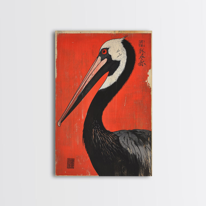 Black Necked Crane Bird On Red Japanese Canvas Print Wildlife Wall Art, Asian Decor, Bold Animal Art Poster Gift For Bird Lovers