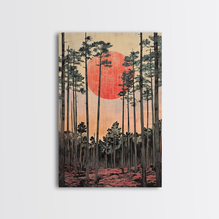 Tall Pine Forest Red Sun Japanese Landscape Wall Art, Japandi Decor, Nature Print, Large Living Room Wall Decor Poster Gift