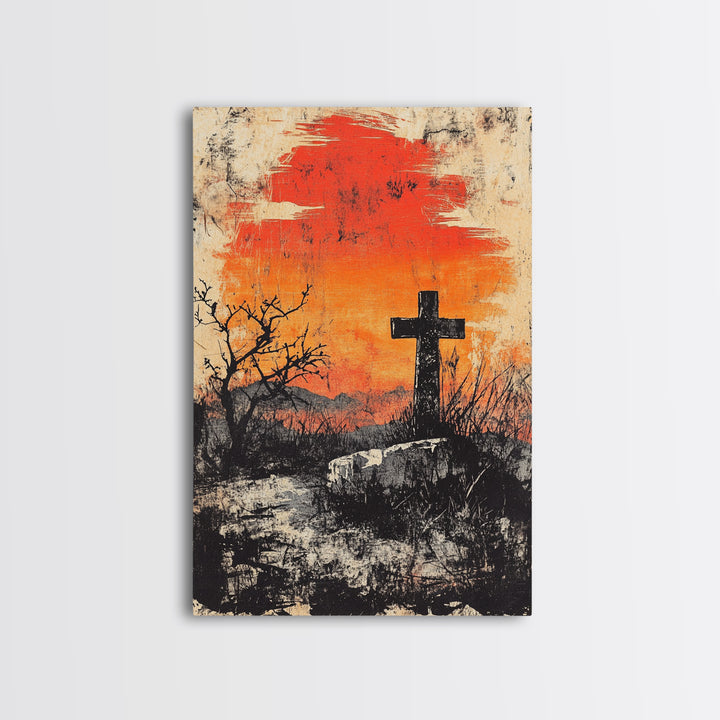 Black Cross At Fiery Sunset Framed Canvas Print, Christian Wall Art, Rustic Landscape, Faith Gift, Moody Home Decor Art