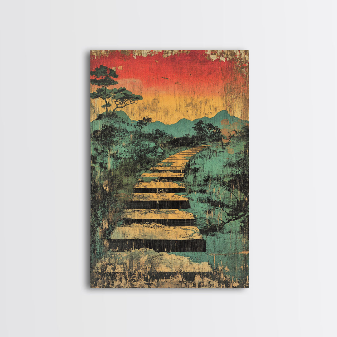 Sunset Boardwalk Through Misty Marsh Wall Art, Japanese Landscape Print, Rustic Nature Decor, Mountain Path Canvas Print