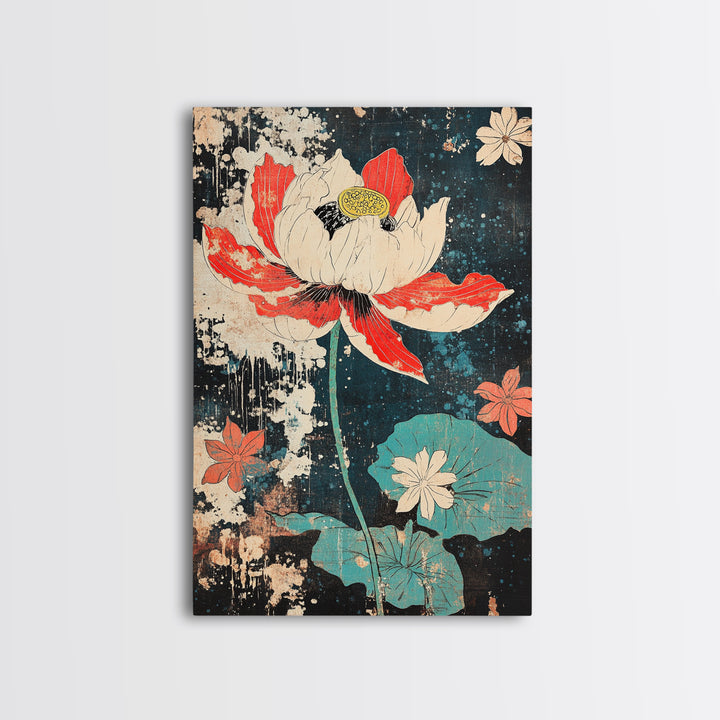 Red And White Lotus Flower Wall Art, Japanese Botanical Print, Dark Floral Decor, Teal Pond Leaves, Modern Canvas Print Gift