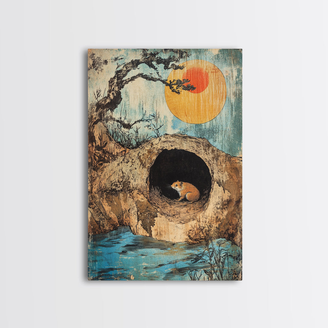 Mouse In Hollow Tree Wall Art, Japanese Nature Print, Whimsical Animal Decor, Orange Sun, Zen Landscape Canvas Print Gift