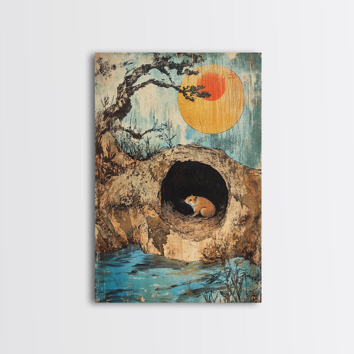 Mouse In Hollow Tree Wall Art, Japanese Nature Print, Whimsical Animal Decor, Orange Sun, Zen Landscape Canvas Print Gift