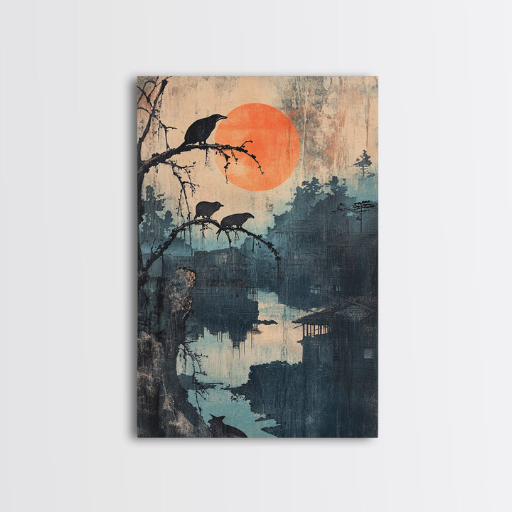 Crows Over Misty River Framed Canvas Print, Japanese Landscape Wall Art, Moody Nature Decor, Orange Sun, Bird Art Print