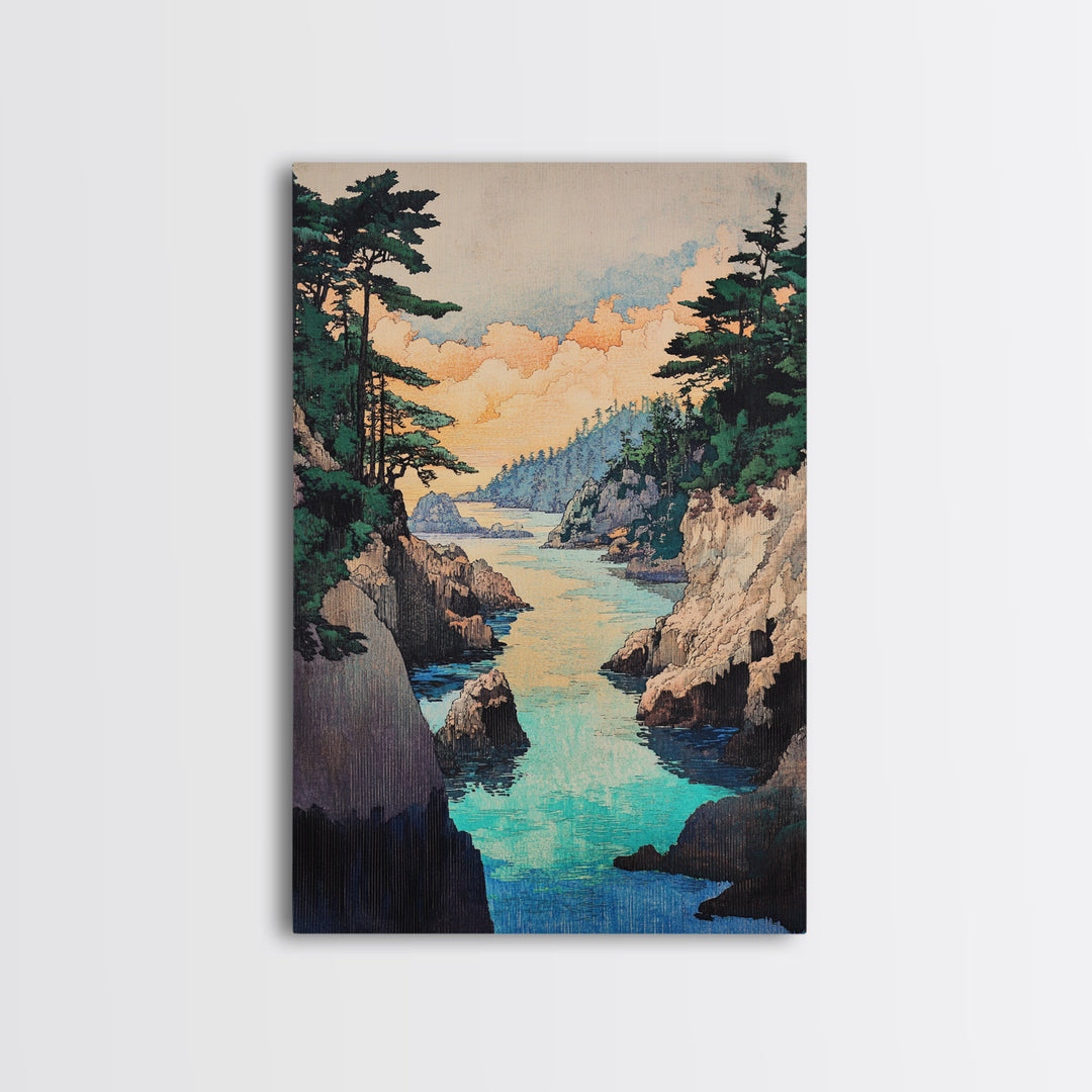 Turquoise Rocky Cove Wall Art, Japanese Coastal Landscape Print, Ocean Seascape Canvas Print, Serene Living Room Decor Gift