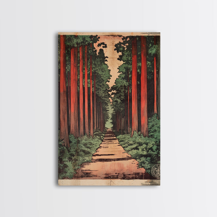 Tall Cedar Forest Path Wall Art, Japanese Woodland Landscape Print, Rustic Nature Canvas Print, Entryway Decor Housewarming Gift