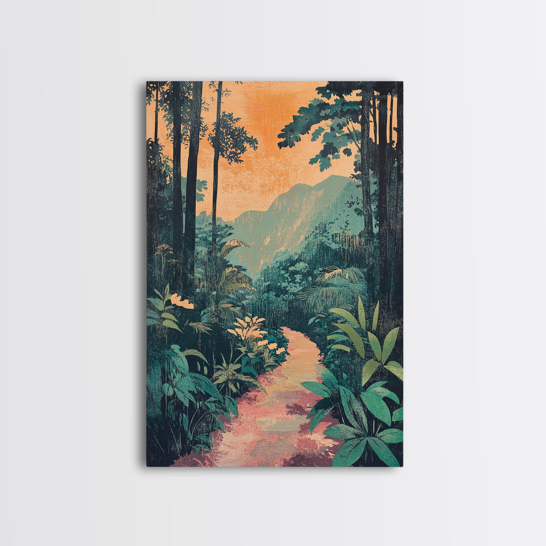 Tropical Jungle Path Wall Art, Lush Botanical Landscape Print, Boho Nature Canvas Print, Vibrant Living Room Decor Gift For Her