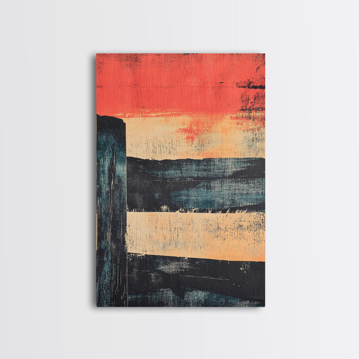 Red Sunset Abstract Seascape Wall Art, Modern Landscape Print, Moody Coastal Decor, Oversized Living Room Art, Above Sofa Decor