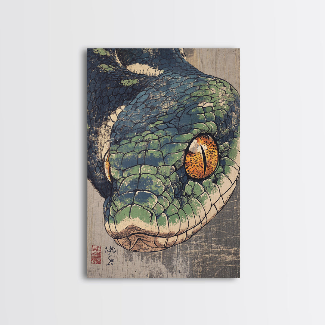 Green Snake Portrait Canvas Print, Japanese Animal Wall Art, Reptile Illustration, Bold Wildlife Decor For Home, Gift For Him