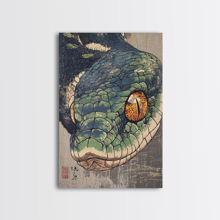 Green Snake Portrait Canvas Print, Japanese Animal Wall Art, Reptile Illustration, Bold Wildlife Decor For Home, Gift For Him