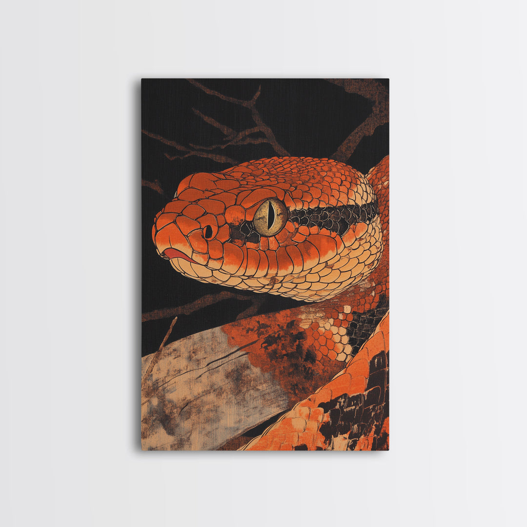 Orange Snake Portrait Framed Canvas Print, Dark Reptile Animal Wall Art, Gothic Wildlife Decor, Gift For Him, Man Cave Decor