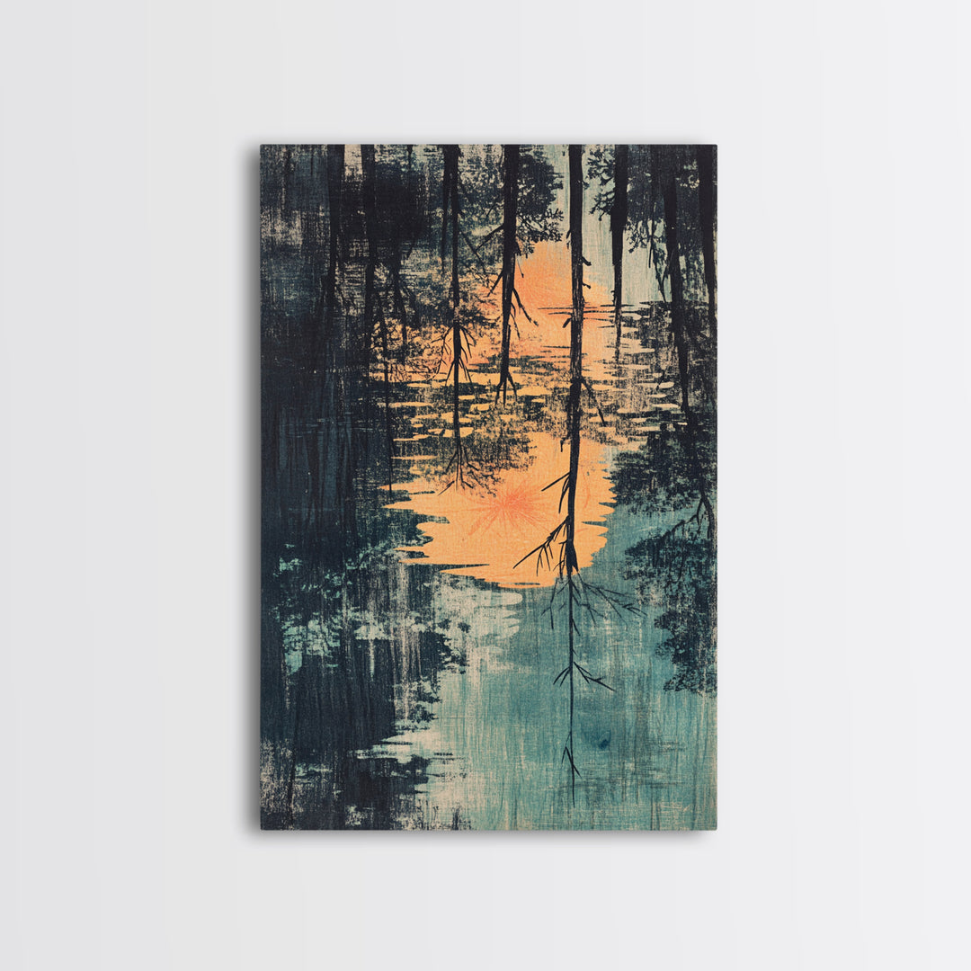 Misty Forest Lake Reflection Wall Art, Moody Landscape Print, Nature Wall Decor, Rustic Home Decor, Framed Canvas Print