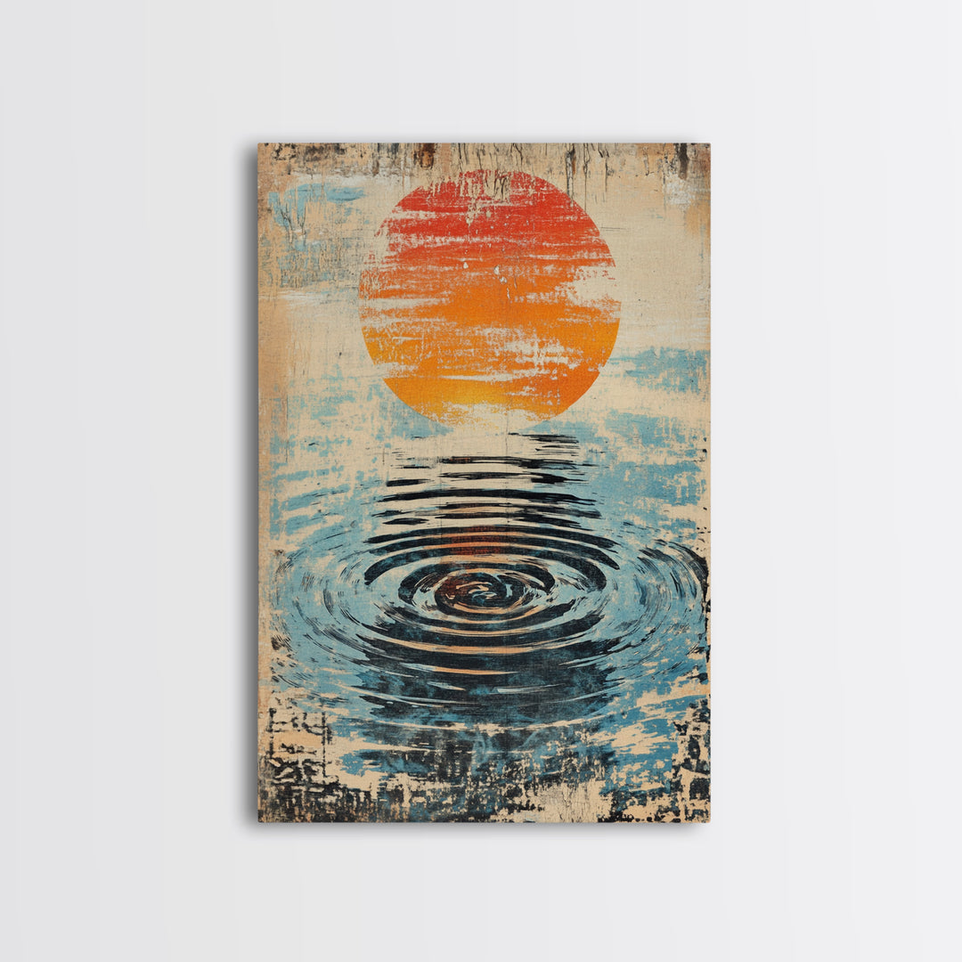 Orange Sun Water Ripple Wall Art, Minimalist Japanese Abstract Print, Zen Bathroom Decor, Calming Wall Decor, Framed Canvas Print