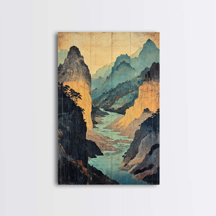 Turquoise Canyon River Mountains Wall Art, Japanese Landscape Print, Asian Inspired Travel Decor, Large Framed Canvas Print