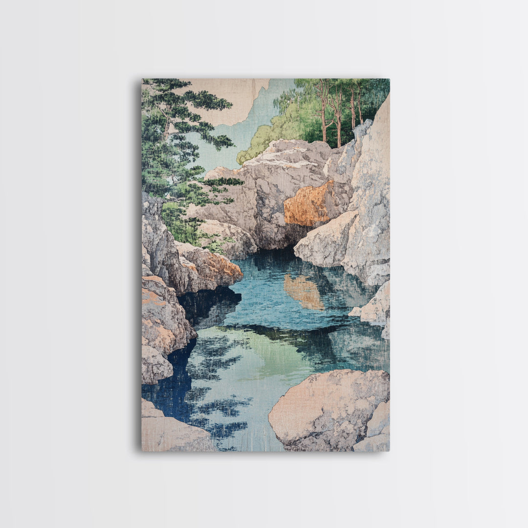 Rocky Mountain Stream And Pine Forest Wall Art, Japanese Landscape Print, Nature Wall Decor, Serene Spa Decor, Home Decor