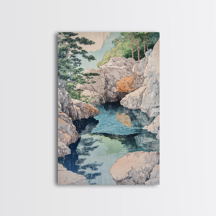 Rocky Mountain Stream And Pine Forest Wall Art, Japanese Landscape Print, Nature Wall Decor, Serene Spa Decor, Home Decor