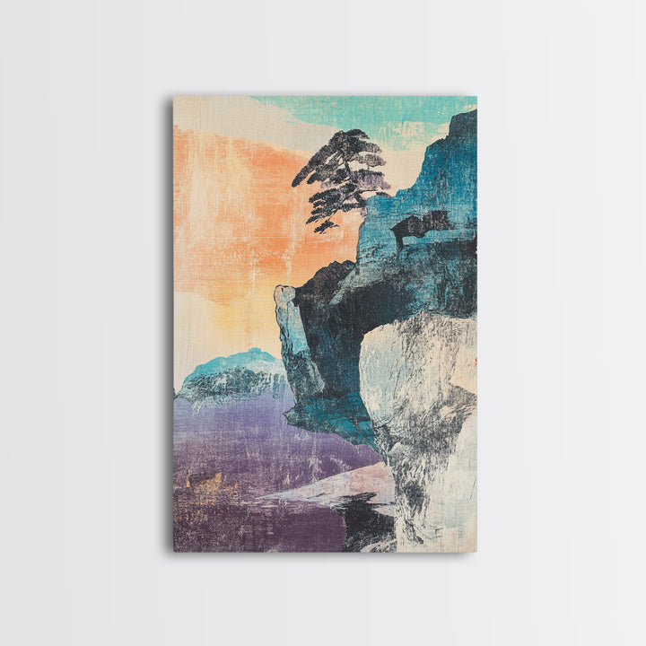 Pastel Sea Cliff With Windblown Pine Wall Art, Japanese Coastal Print, Japandi Decor, Minimalist Landscape, Living Room Decor