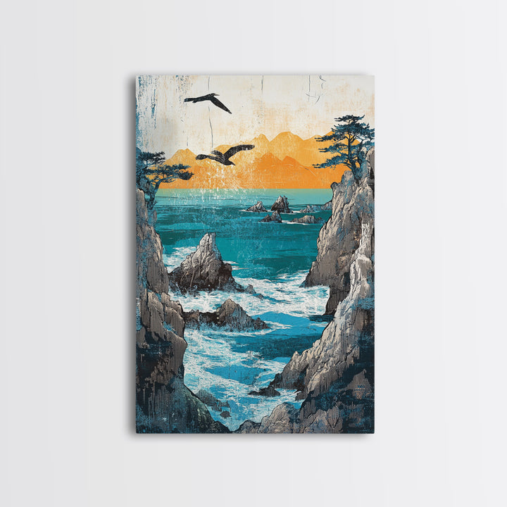Ocean Cliffs With Flying Birds Canvas Print, Japanese Seascape Wall Art, Coastal Decor, Nautical Art, Living Room Decor, Gift For Him