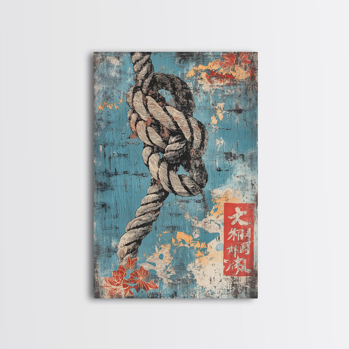 Weathered Nautical Rope Knot Wall Art, Coastal Maritime Print, Blue Ocean Decor, Rustic Beach House Large Framed Canvas Print