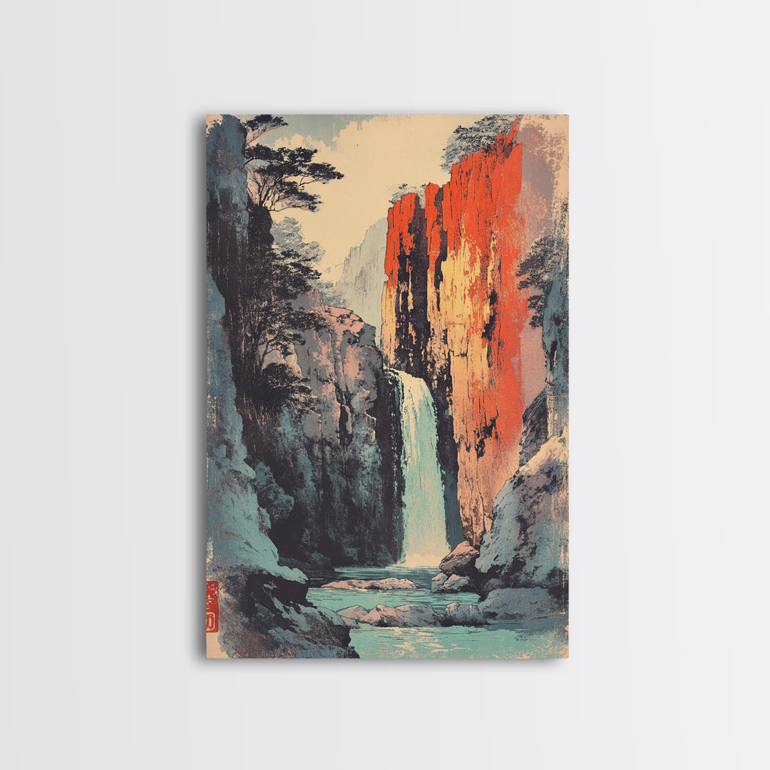 Canyon Waterfall And Red Rock Cliffs Wall Art, Japanese Landscape Print, Nature Decor, Large Serene Mountain Canvas Print