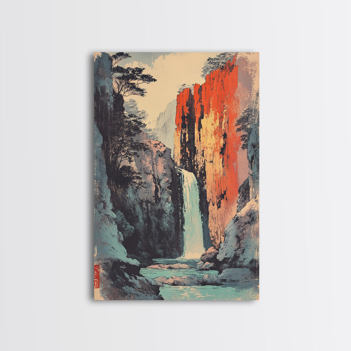 Canyon Waterfall And Red Rock Cliffs Wall Art, Japanese Landscape Print, Nature Decor, Large Serene Mountain Canvas Print