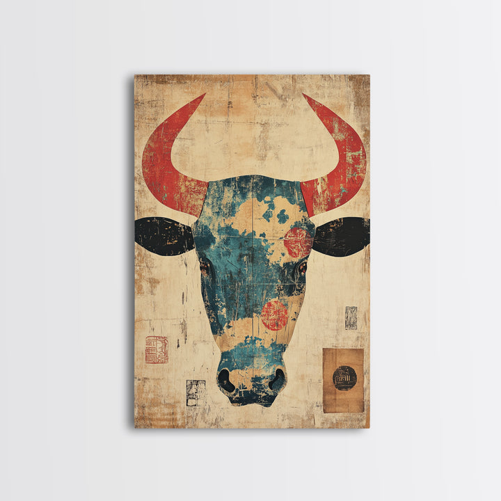 Distressed Turquoise Bull Head With Red Horns Wall Art, Western Tribal Canvas Print, Rustic Ranch Decor, Bold Animal Art