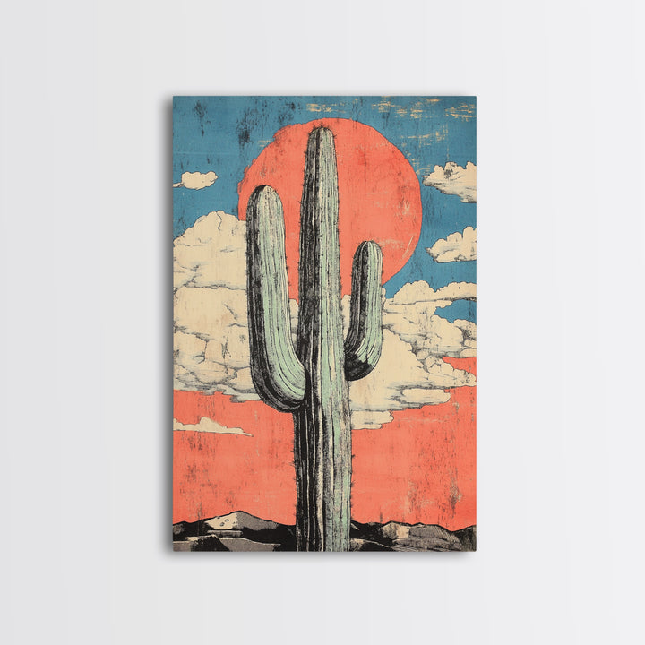 Tall Saguaro Cactus With Coral Desert Sun Wall Art, Southwestern Canvas Print, Boho Western Decor, Arizona Landscape Art