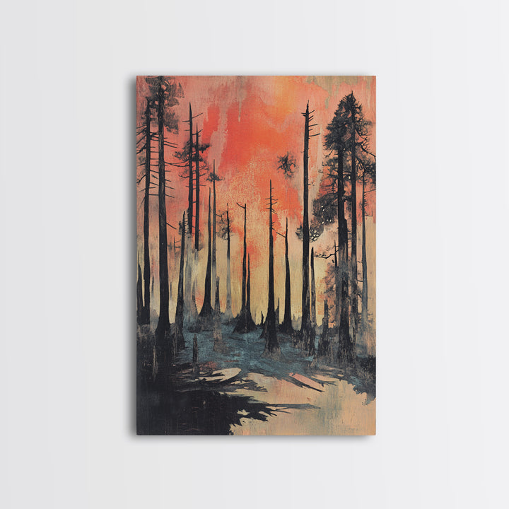 Misty Burnt Pine Forest At Coral Sunset Wall Art, Moody Landscape Canvas Print, Rustic Nature Decor, Dramatic Woodland Art