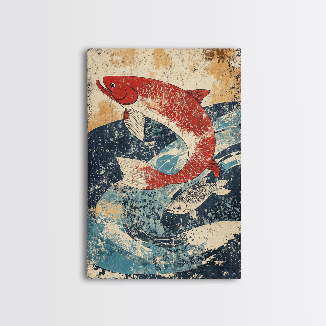 Red Koi Fish Swimming Through Blue Waves Wall Art, Japanese Canvas Print, Coastal Animal Decor, Feng Shui Living Room Art