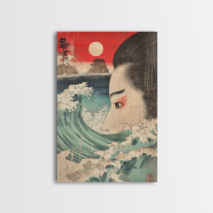 Ukiyo E Woman Face With Ocean Wave Canvas Print, Japanese Wall Art, Coastal Decor, Asian Inspired Art, Living Room Decor