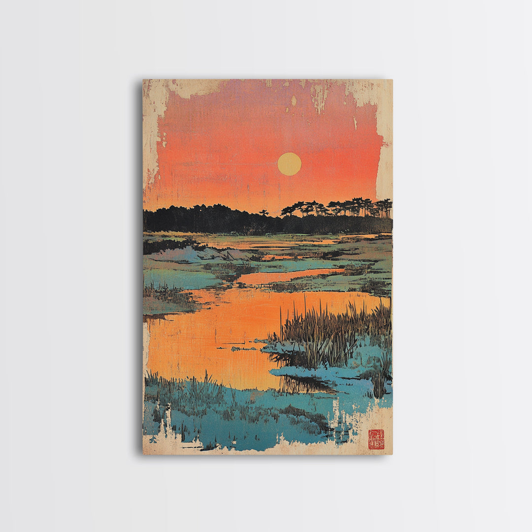 Serene Marsh Sunset Over Blue Wetlands Wall Art, Japanese Landscape Print, Nature Wall Decor, Coastal Home Decor, Zen Gift