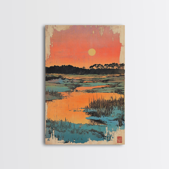 Serene Marsh Sunset Over Blue Wetlands Wall Art, Japanese Landscape Print, Nature Wall Decor, Coastal Home Decor, Zen Gift