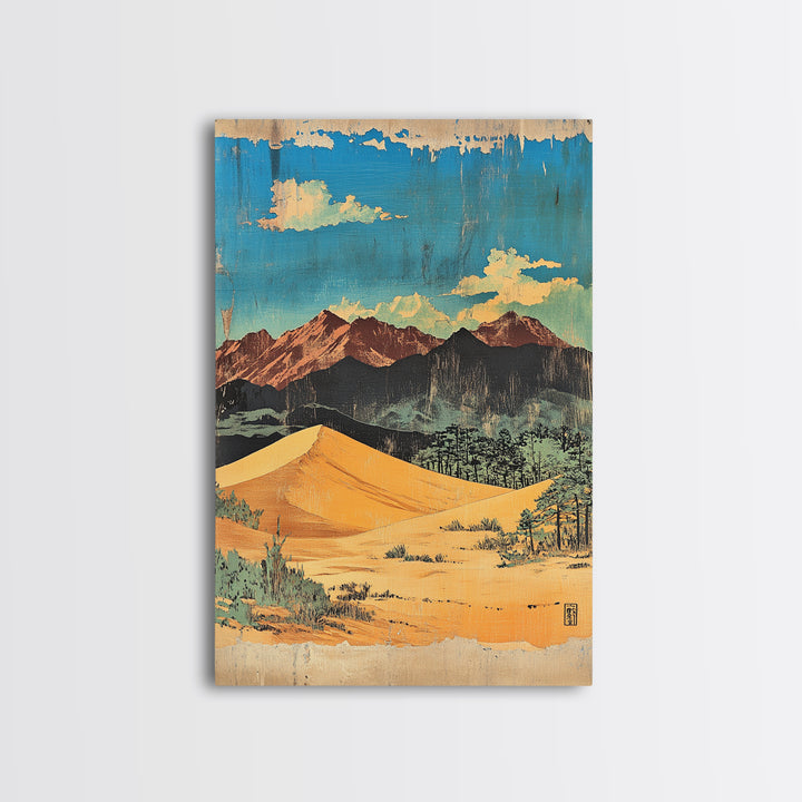 Golden Desert Dunes And Rugged Mountains Wall Art, Southwestern Landscape Print, Cactus Decor, Modern Western Home Decor