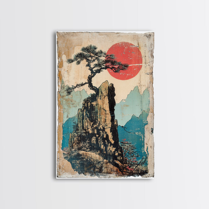 Lone Pine On Rocky Mountain Peak Canvas Print, Asian Landscape Wall Art, Japandi Decor, Nature Wall Decor, Zen Home Gift