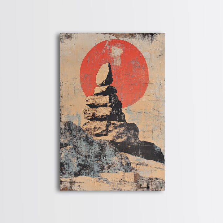 Balanced Zen Stones Before Red Sun Wall Art, Wabi Sabi Decor, Meditation Room Print, Minimalist Japanese Home Decor Gift