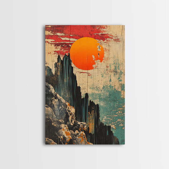 Dramatic Japanese Mountain Sun Canvas Print, Abstract Landscape Art, Modern Wall Decor, Japandi Wall Art, Living Room Decor