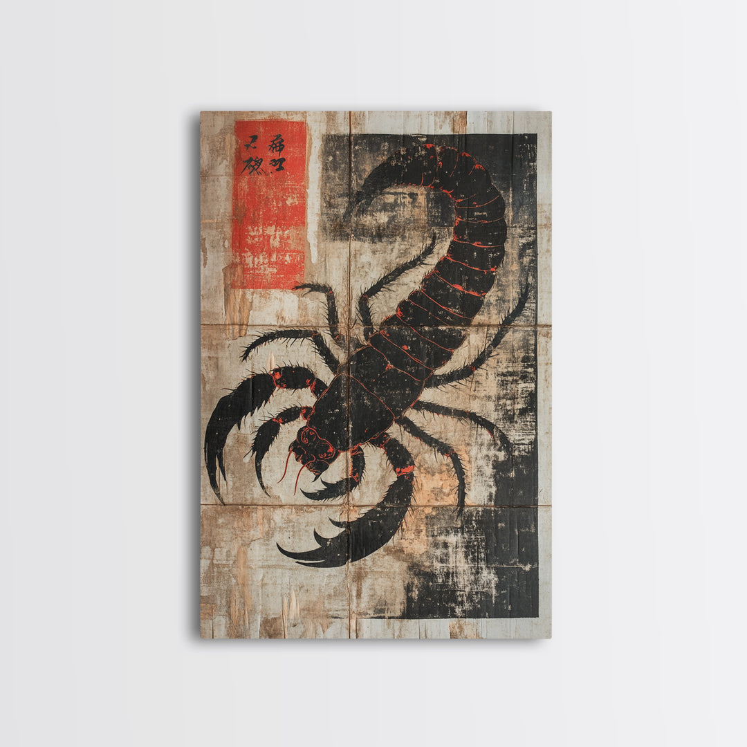 Black Scorpion Japanese Framed Canvas Print, Gothic Wall Art, Dark Academia Decor, Animal Art Print, Unique Gift For Him