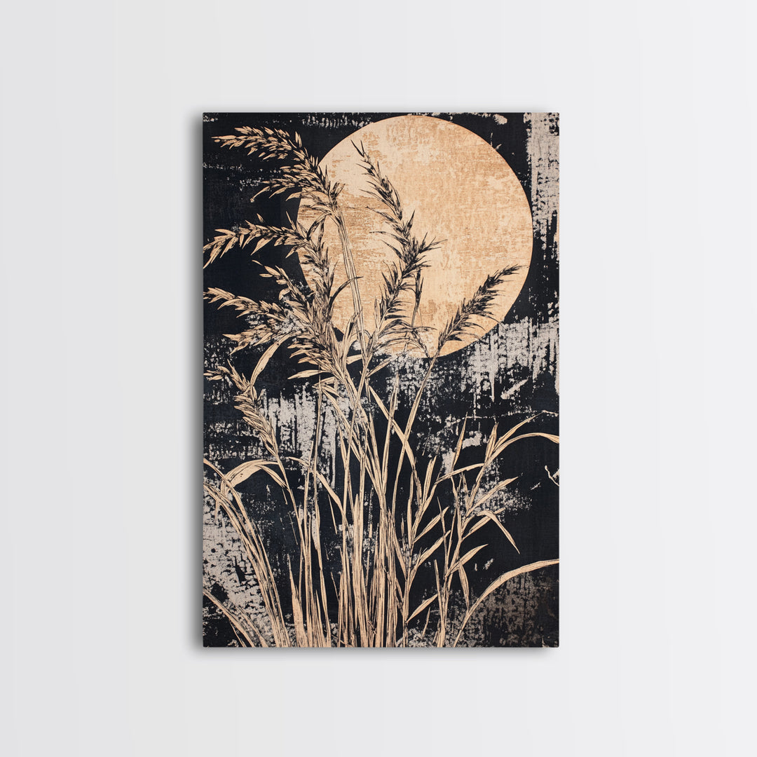 Moonlit Pampas Grass Canvas Print, Botanical Wall Art, Black And White Art, Neutral Wall Decor, Japandi Decor, Bedroom Art