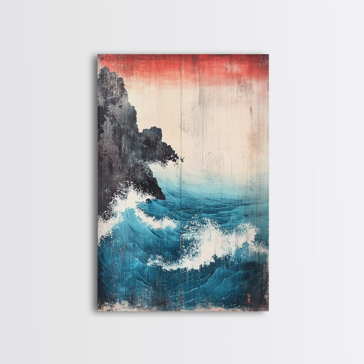 Dramatic Blue Wave And Cliff Canvas Print, Japanese Seascape Wall Decor, Coastal Ocean Art For Living Room Decor, Beach House Gift