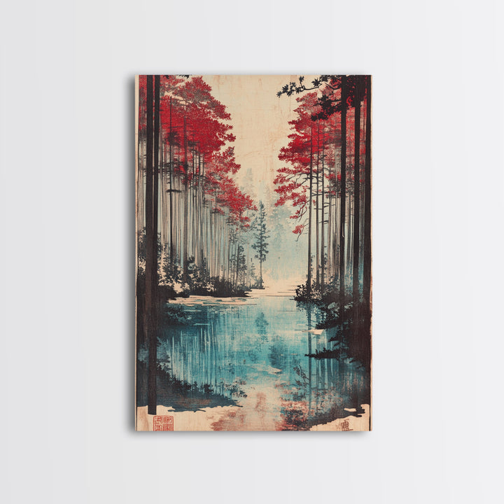 Red Pine Forest Lake Wall Art, Japanese Landscape Print, Moody Nature Wall Decor, Large Living Room Canvas Decor For Home