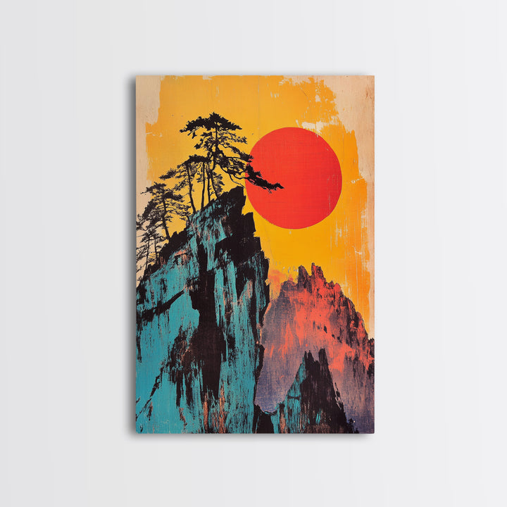 Bold Red Sun Mountain Cliff Wall Art, Japanese Landscape Print, Retro Travel Poster, Statement Living Room Decor Gift For Him
