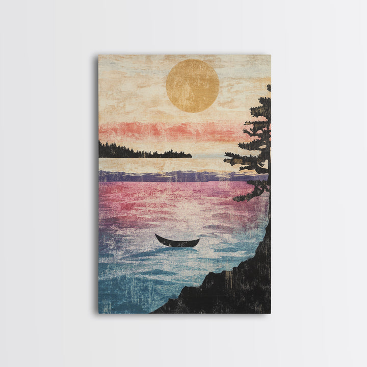 Golden Sunset Canoe On Quiet Lake Wall Art, Japandi Landscape Print, Coastal Cabin Decor, Serene Living Room Canvas Home Decor