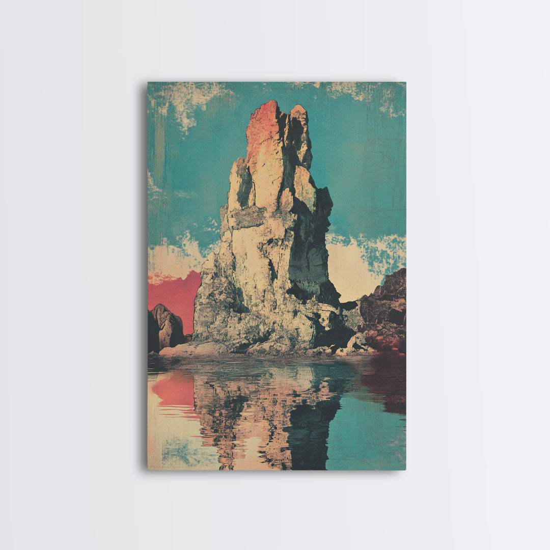 Turquoise Sea Stack Island At Sunset Wall Art, Retro Coastal Landscape Print, Ocean Rock Nature Decor, Modern Beach House