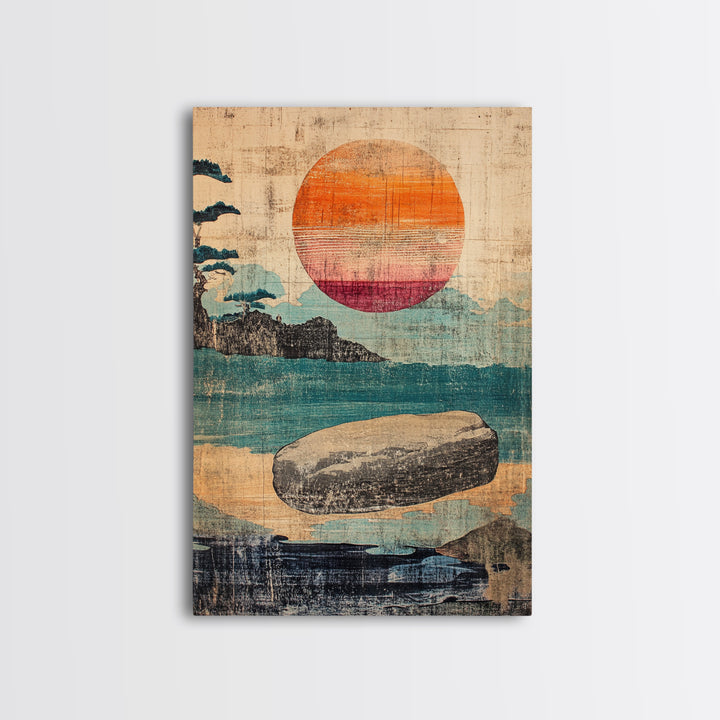 Floating Stone Over Teal Water At Sunset Canvas Print, Japandi Zen Wall Art, Minimalist Coastal Decor, Meditation Room Art