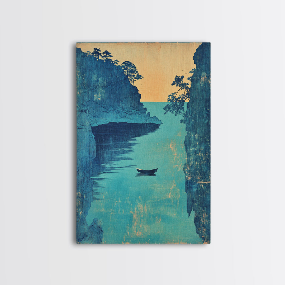 Blue Coastal Canyon Boat Wall Art, Japanese Seascape Print, Nautical Home Decor, Serene Ocean Landscape Living Room Art Print