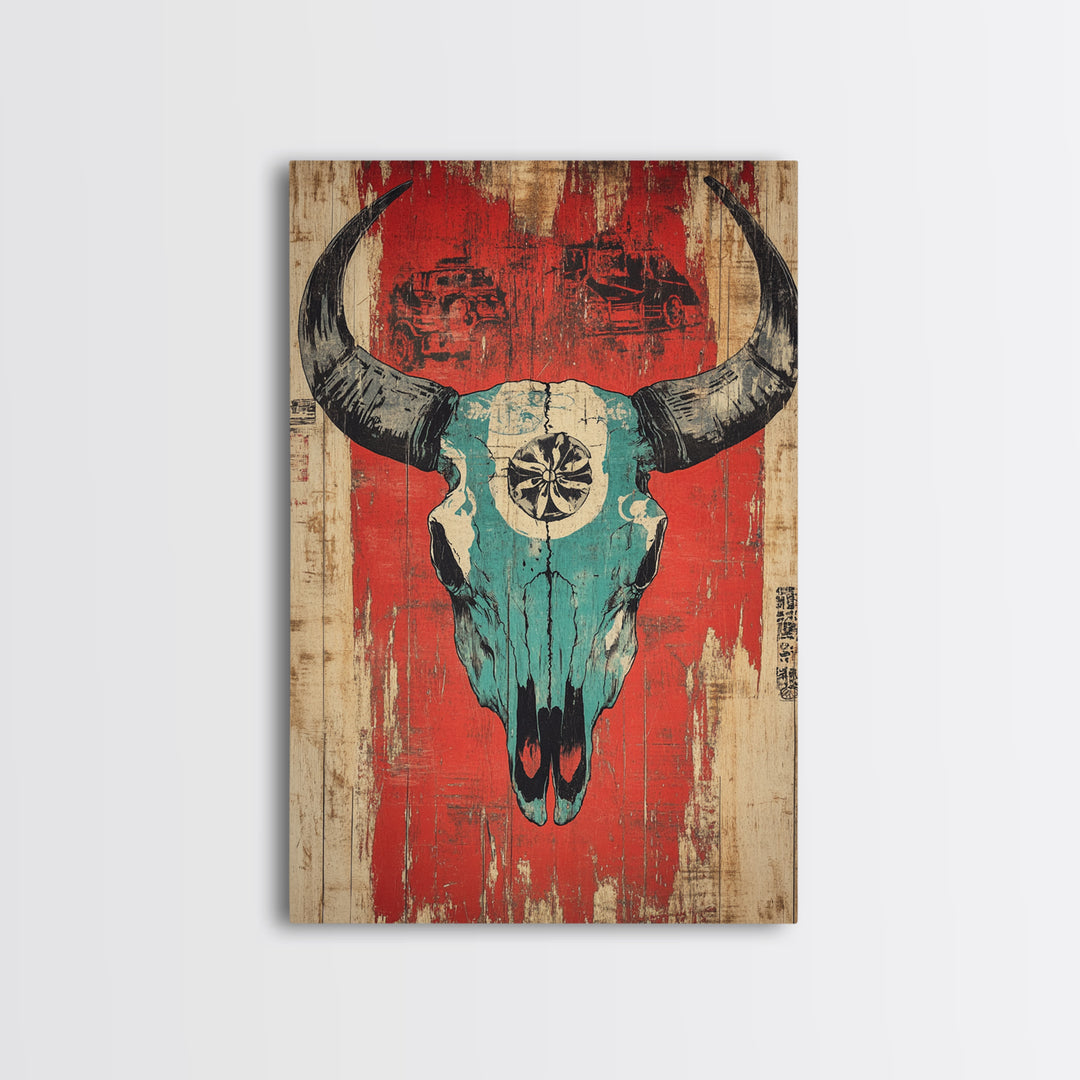Turquoise Bull Skull On Red Rustic Wood Wall Art, Western Wall Decor, Southwestern Canvas, Tribal Home Decor For Living Room