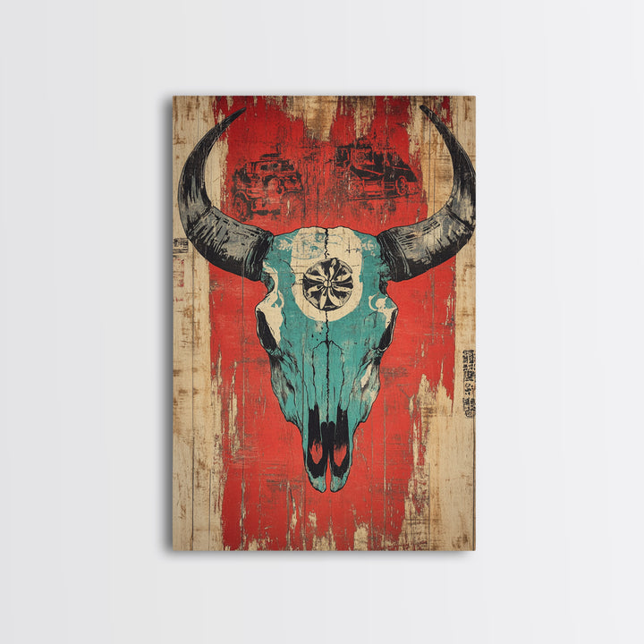 Turquoise Bull Skull On Red Rustic Wood Wall Art, Western Wall Decor, Southwestern Canvas, Tribal Home Decor For Living Room