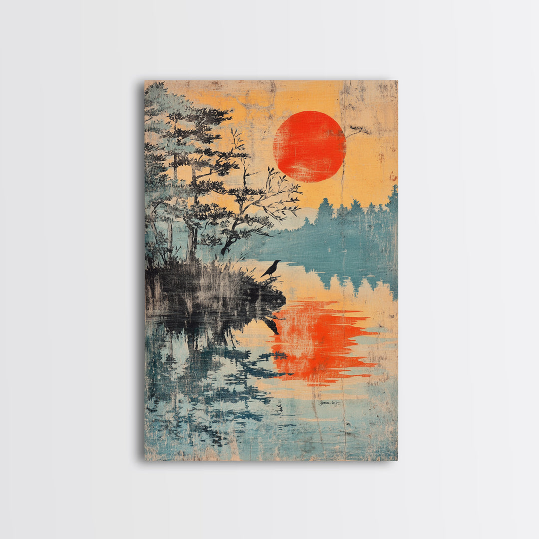 Red Sun Over Pine Lake Reflection Wall Art, Japanese Wall Decor, Japandi Landscape Print, Serene Nature Canvas For Living Room