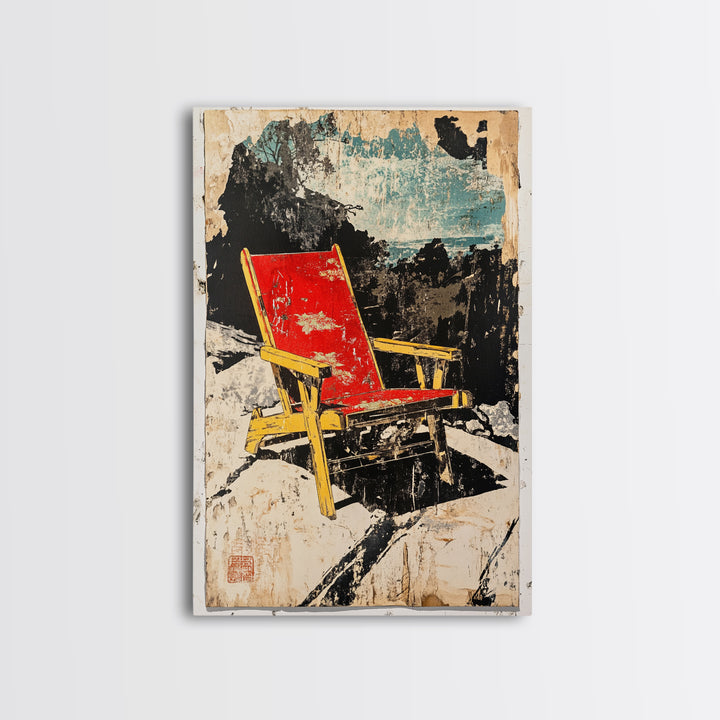 Red Beach Chair On Rocky Coast Wall Art, Coastal Wall Decor, Modern Travel Poster, Summer Beach House Canvas Print For Living Room Decor