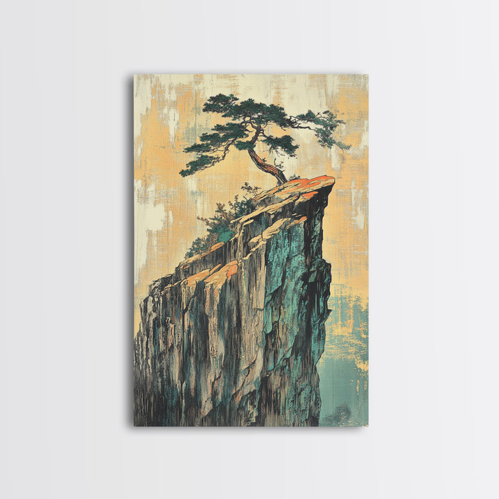 Lone Pine Tree On Sheer Cliff Wall Art, Japandi Landscape, Japanese Wall Decor, Serene Nature Canvas Print For Living Room